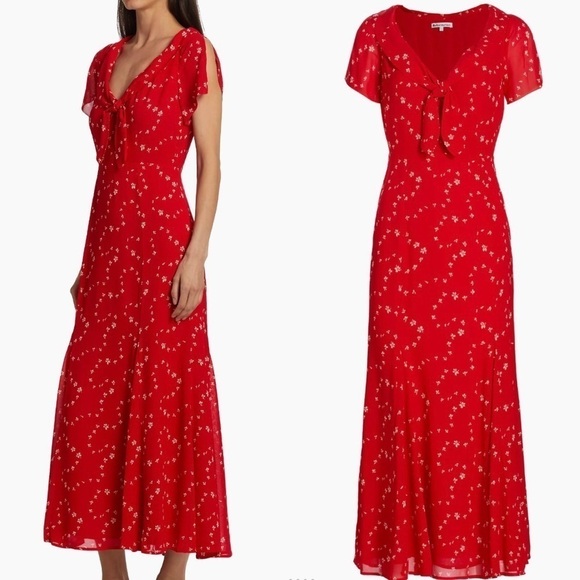 NWOT REFORMATION Talleen Red Floral Print Ruffle maxi cap sleeves Dress sz 12 - Picture 2 of 7